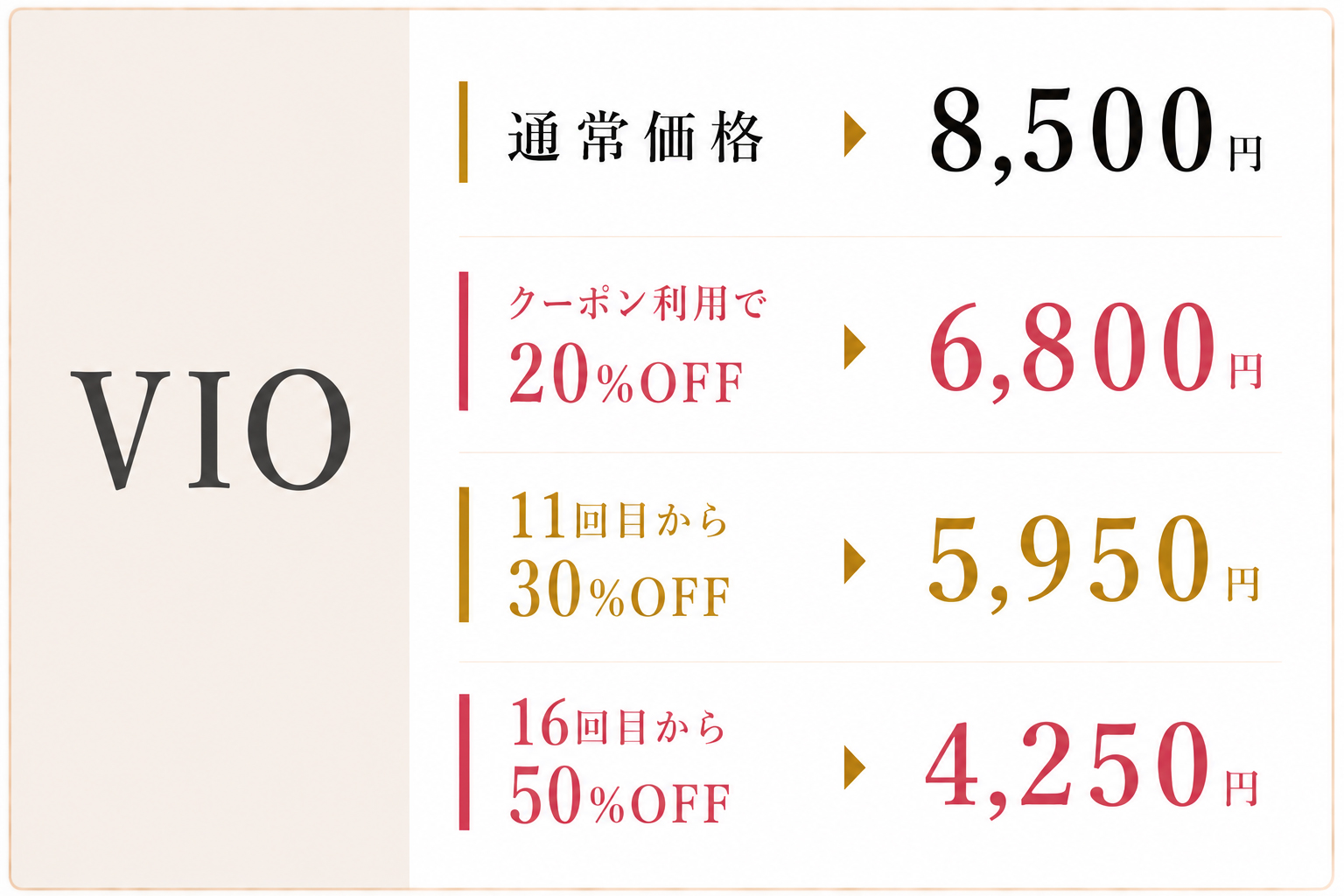 脱毛サロンbibi VIO脱毛料金表