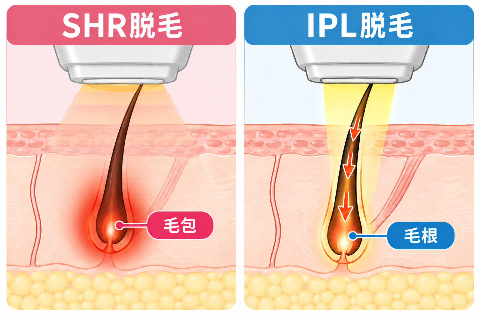 SHR脱毛とIPL脱毛の違いを、毛包と毛根へのアプローチで比較した図